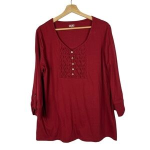 American Sweetheart Red Henley Quilted‎ Long Sleeve Top L